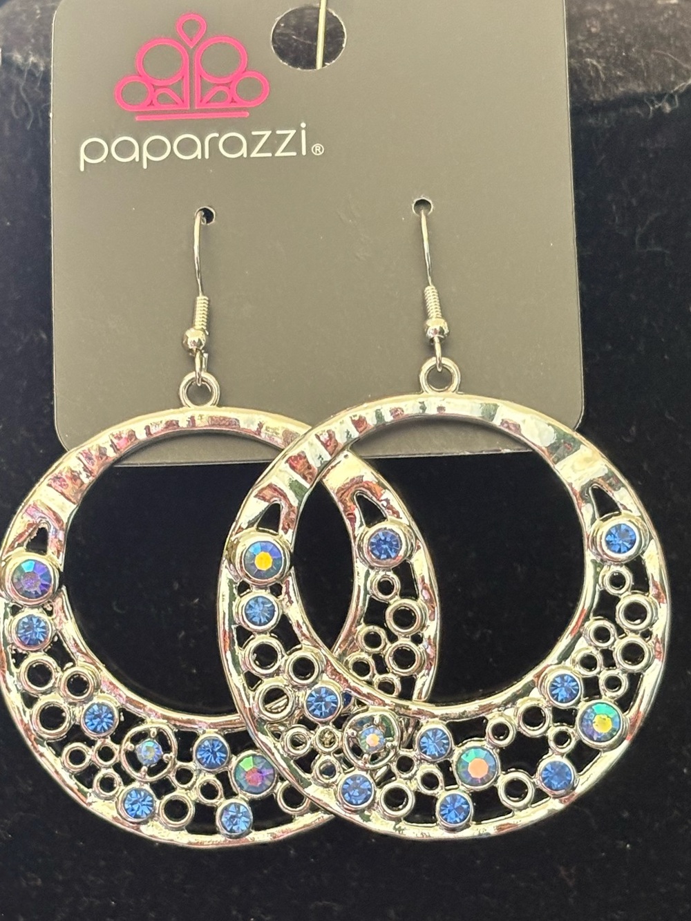 paparazzi Silver Hoop Earrings with Blue and Aurora Borealis Crystals